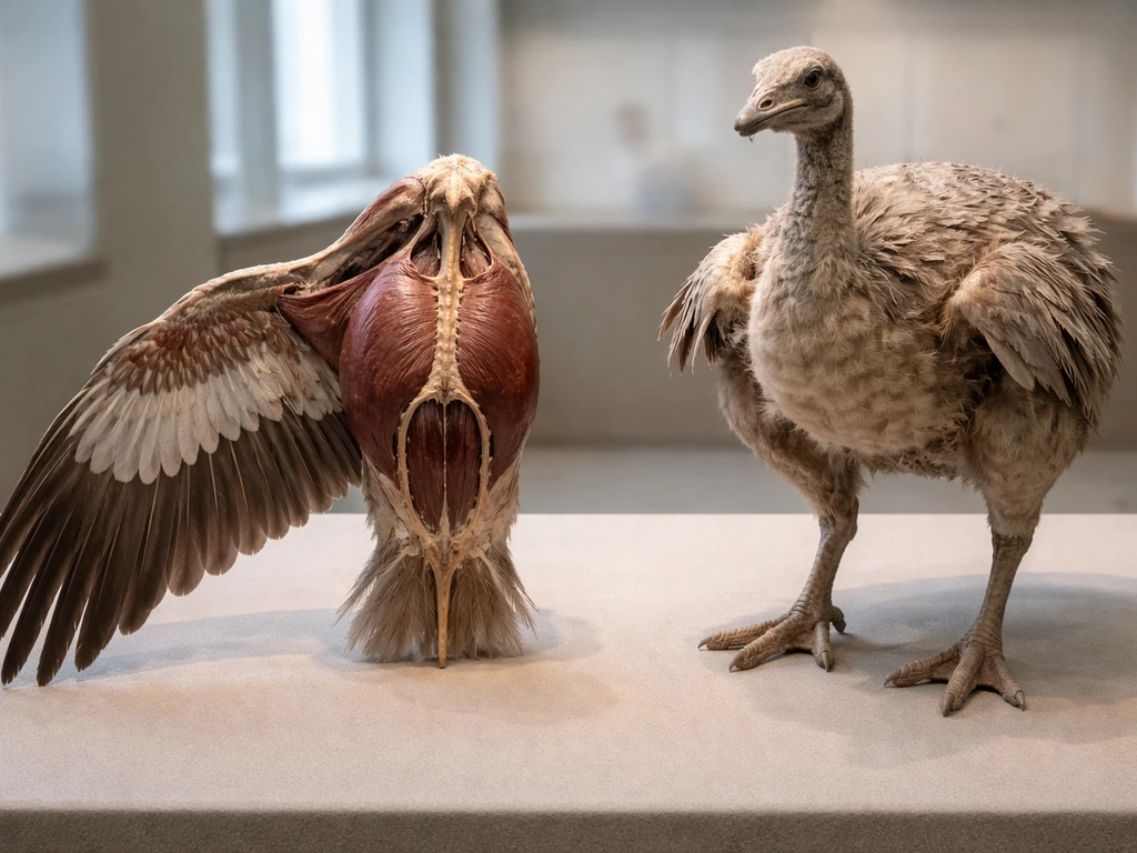 Two bird specimens side-by-side: flight wing anatomy vs flightless ratite-like body structure.
