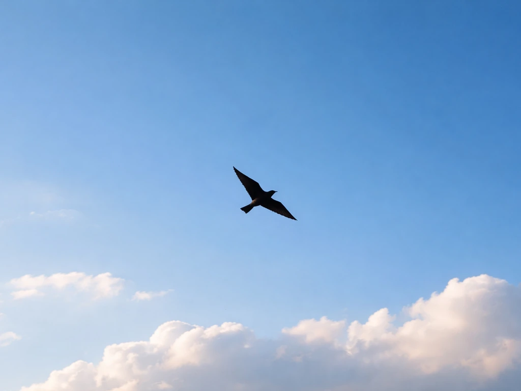A lone bird gliding across a bright sky, cinematic and vivid, symbolizing “the bird is flying.”