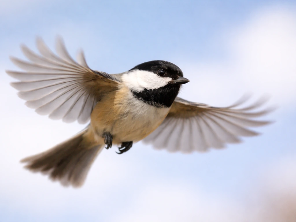 A small bird captured mid-flight above a quiet sky, illustrating “the bird is flying.”