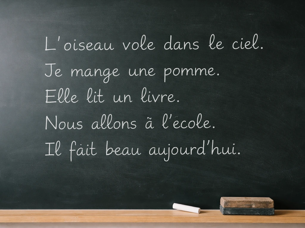Clean chalkboard showing several legible French example sentences, including “L’oiseau vole dans le ciel.”