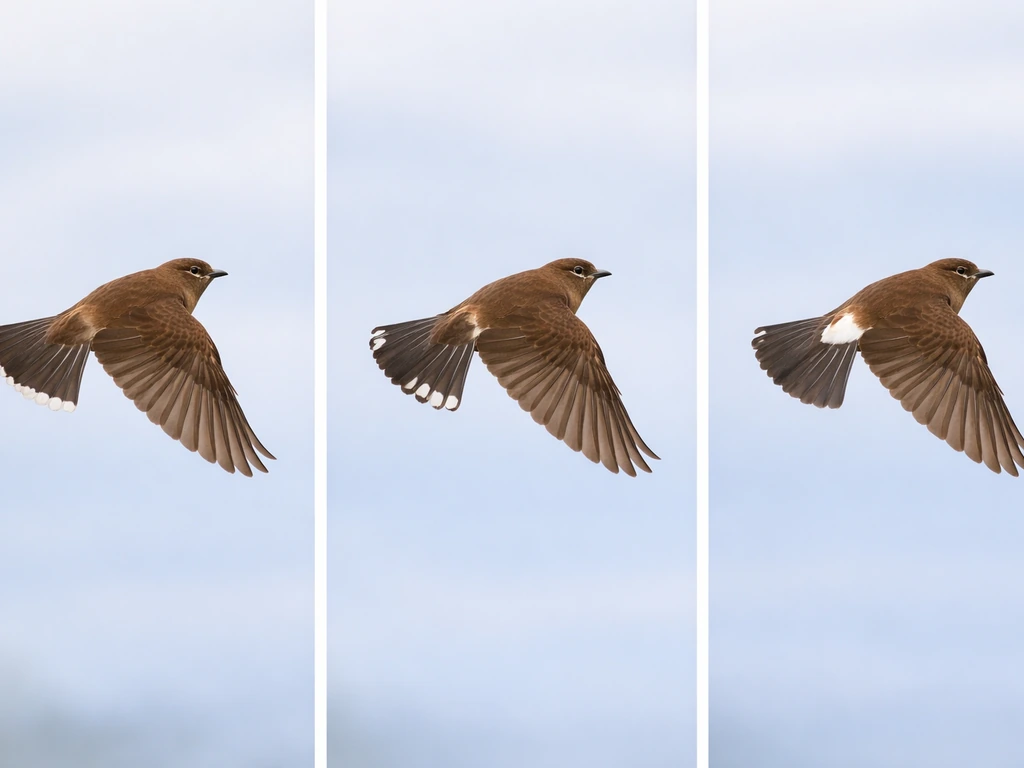 Brown bird in flight with three separate tail-mixing visual variants: terminal band, white corners, and rump patch.