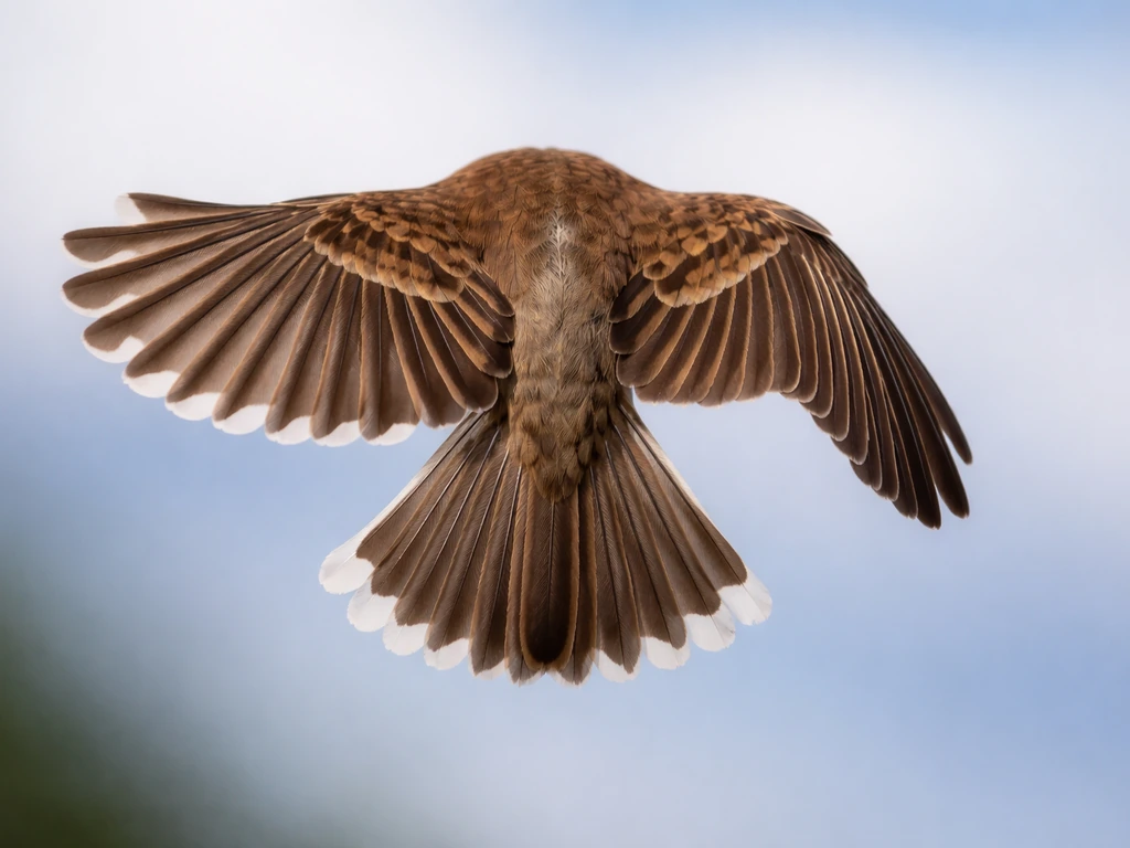 Bird tail fanned wide with white tips, contrasted with a folded narrow tail in one shot.