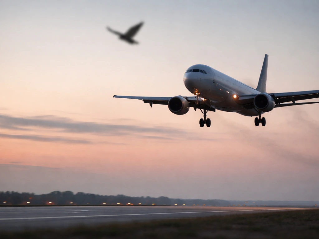 Commercial airliner near runway with a faint bird silhouette in the sky, conveying an ongoing bird-strike situation