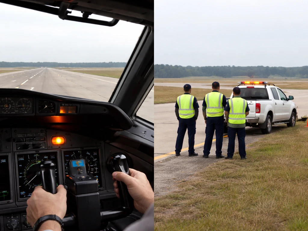 Pilot monitoring cockpit warning light while runway rescue vehicles wait after a suspected bird strike.