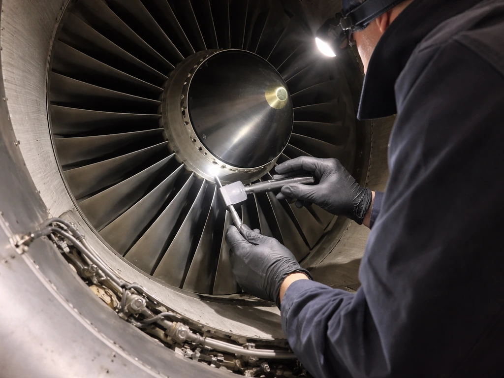 Mechanic in an aircraft engine nacelle inspecting a turbine fan area with a flashlight and gloves.
