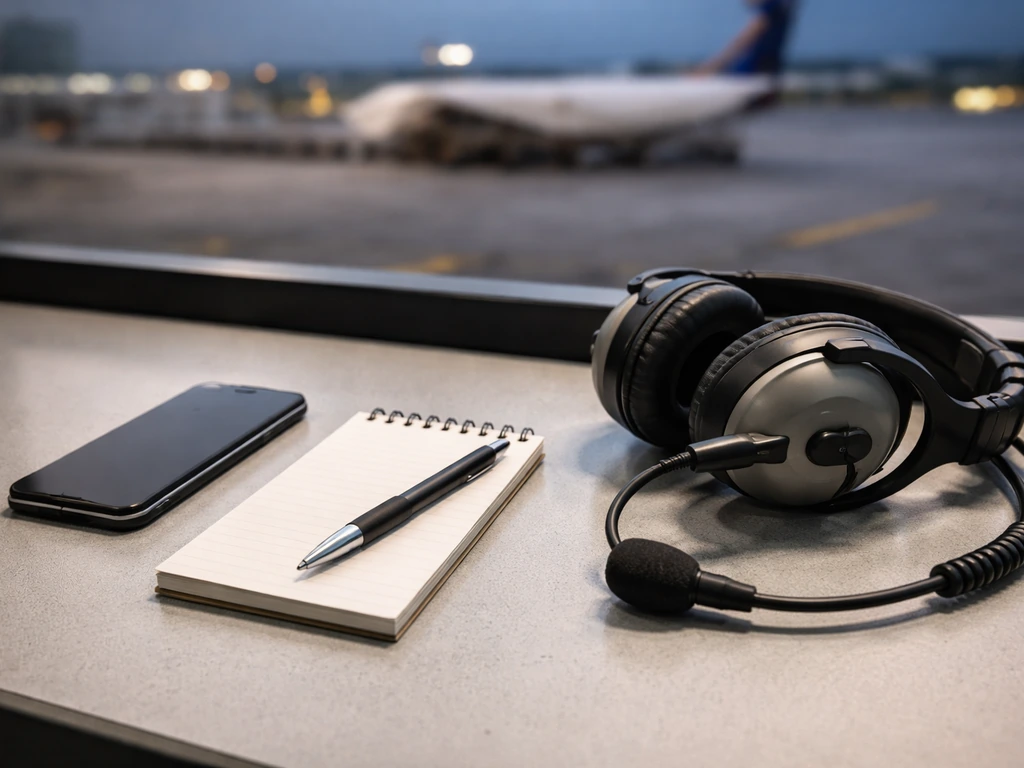 Airport desk with smartphone, blank notepad, pen, and headset beside a distant aircraft.