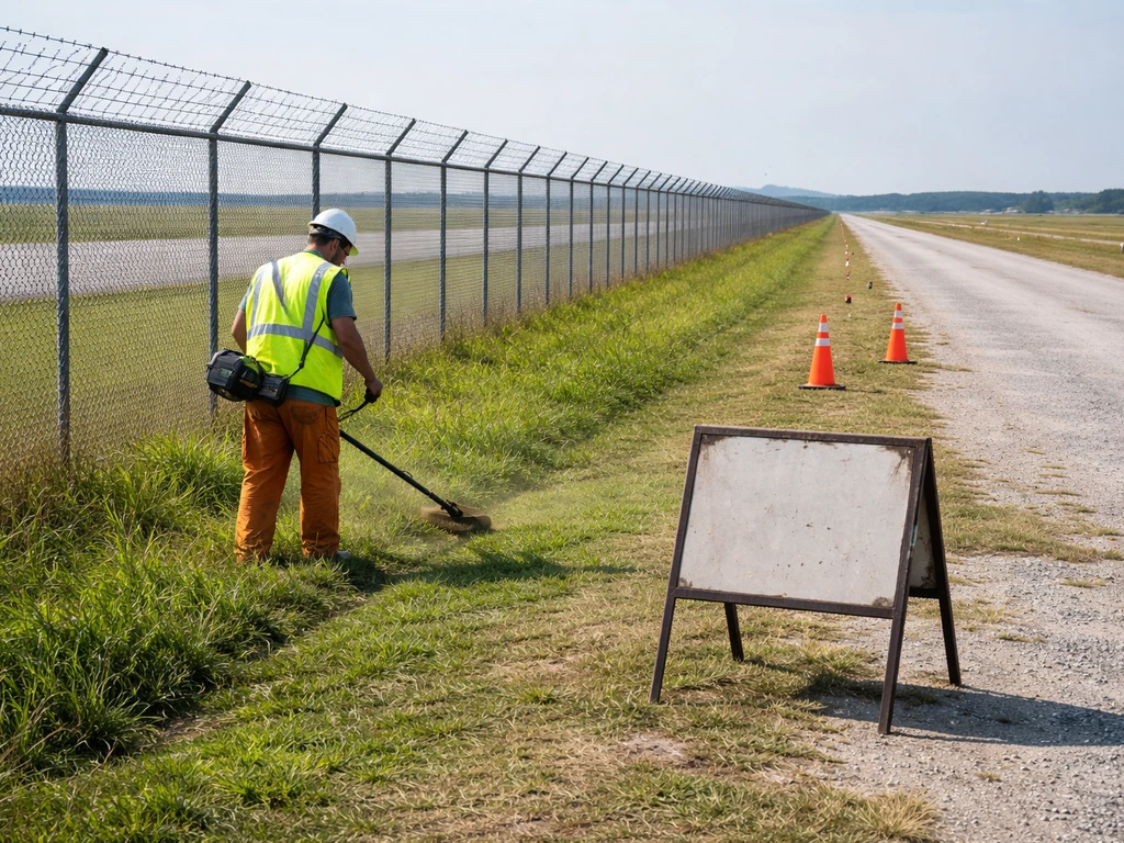 Airport maintenance worker mowing grass near the perimeter fence for wildlife hazard management.