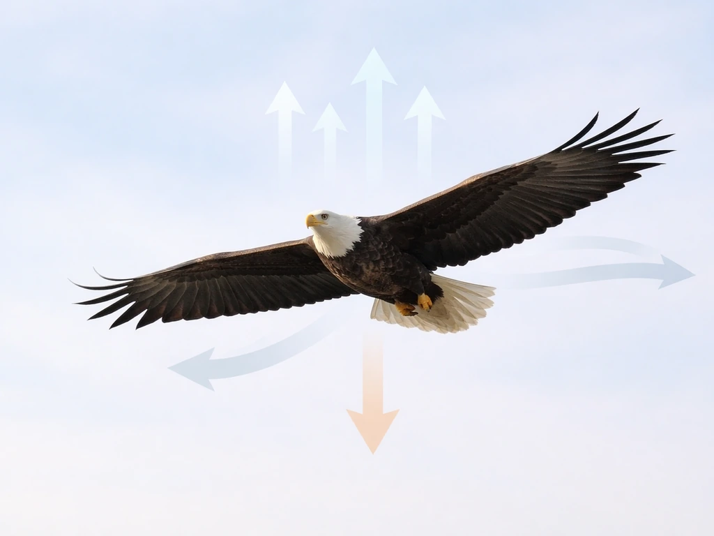 Soaring bird in open sky with faint arrows showing lift/weight and thrust/drag forces around it