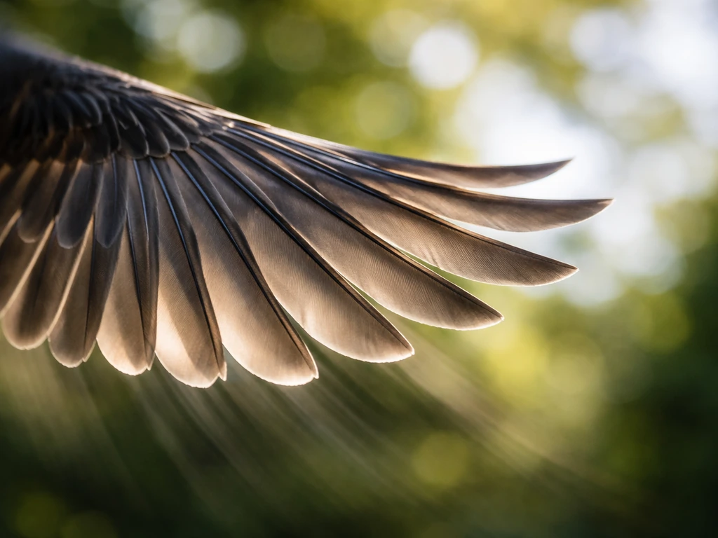 Close-up of a bird wingtip feather array spread, showing layered texture in a power-phase wingbeat blur background.