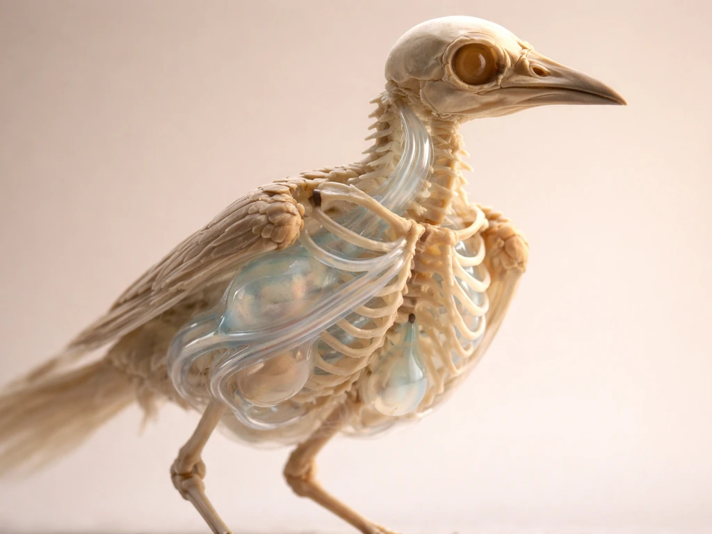 Minimal studio photo showing a bird skeleton with translucent air sacs suggesting one-way airflow for respiration.