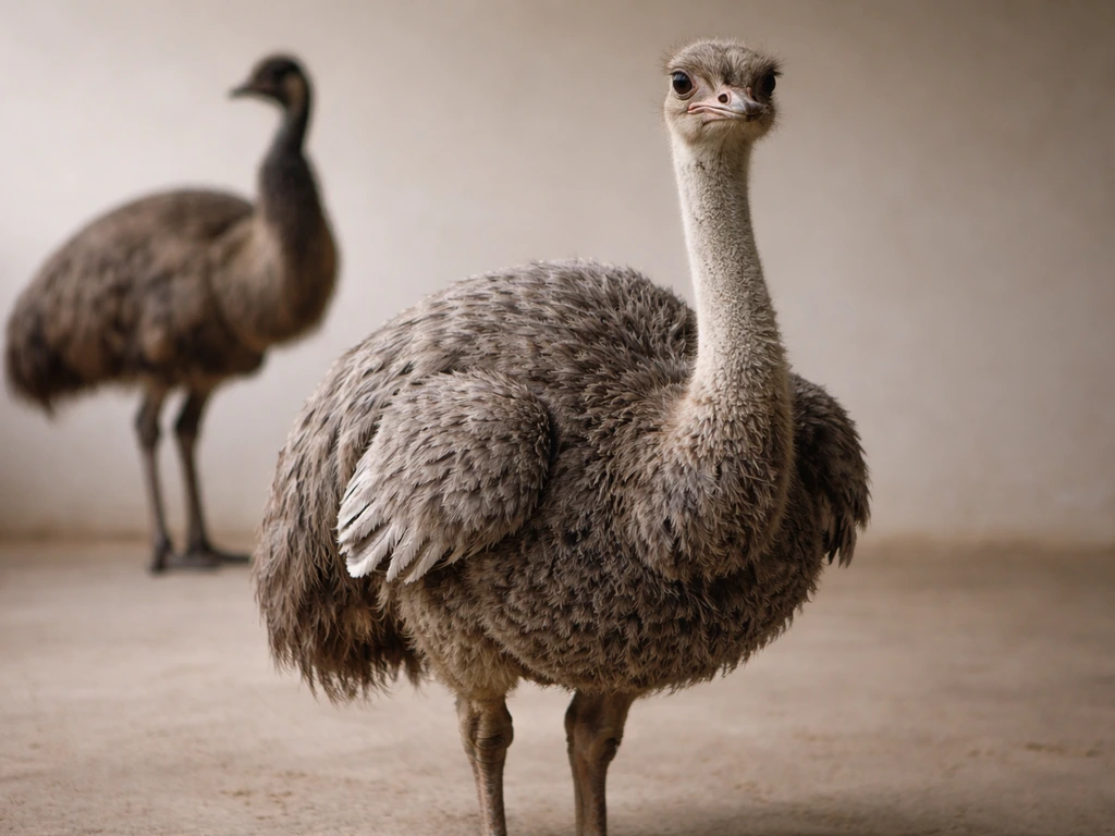 Close-up of a flightless bird’s reduced wings beside a small keel-like body structure in a simple studio setting