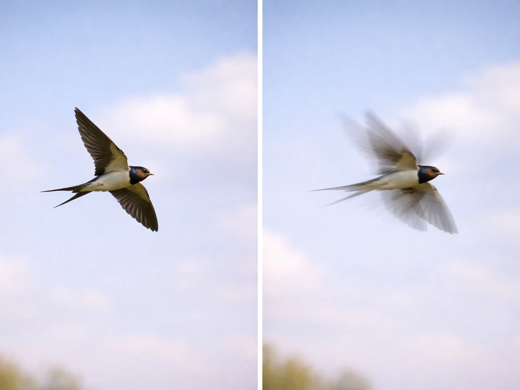 Side-by-side: sharp normal-speed bird wing position vs subtle motion-trail slow-motion interpretation.