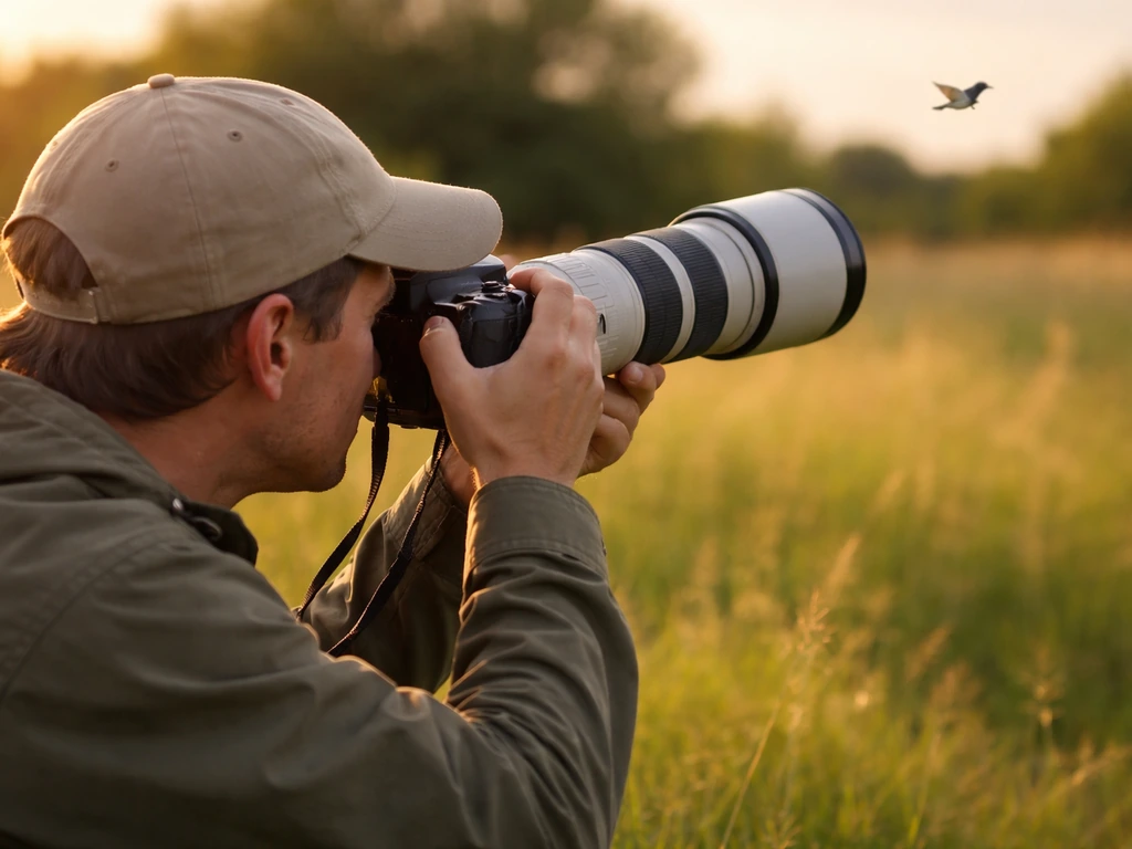 Bird photographer panning a long telephoto lens while tracking a small flying bird in a meadow