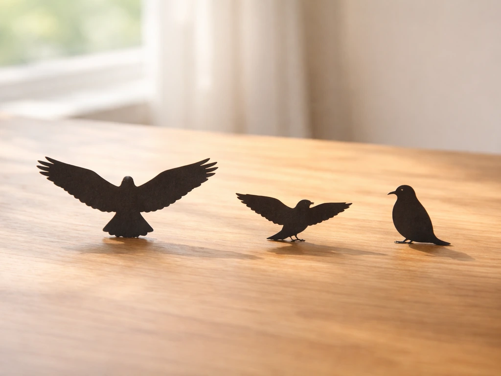 Three simple bird silhouettes on wood showing strong flyer to flightless flight capability.