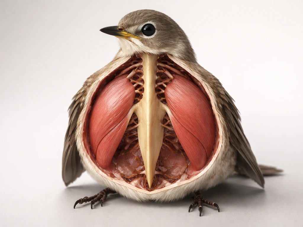 Minimal cross-section view of a bird chest showing keel ridge and breastbone muscle attachment for flight.