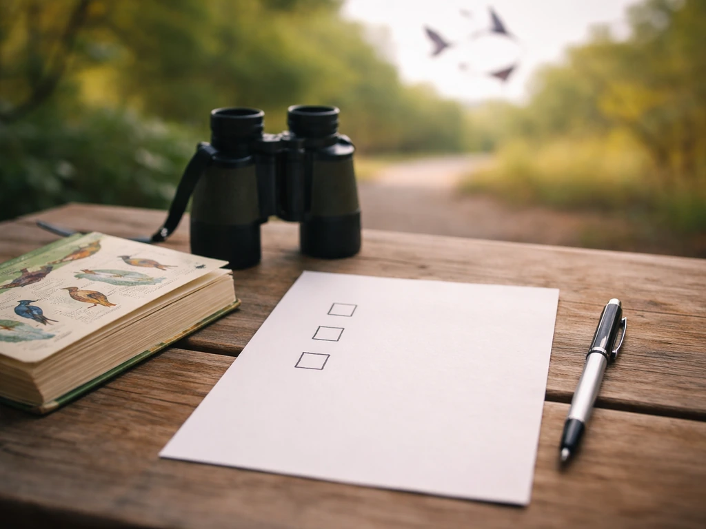Unlabeled checklist on a desk beside a field guide and binoculars with distant birds flying outside.