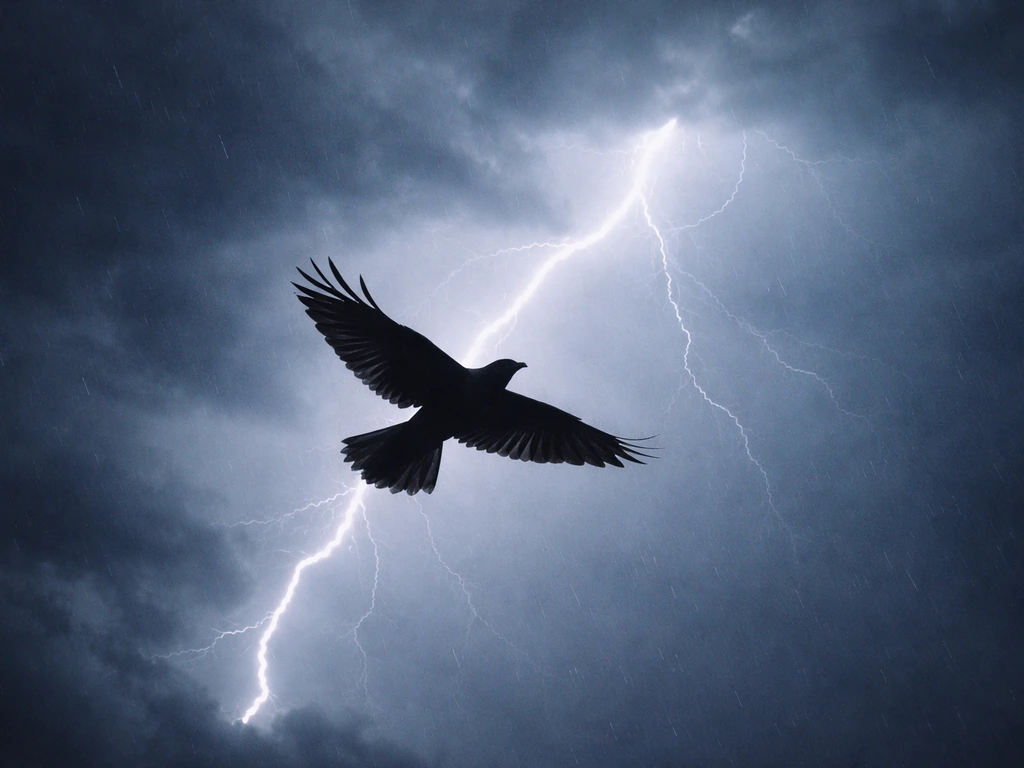 Silhouetted bird flying near a branching lightning bolt against storm clouds in a dark sky.