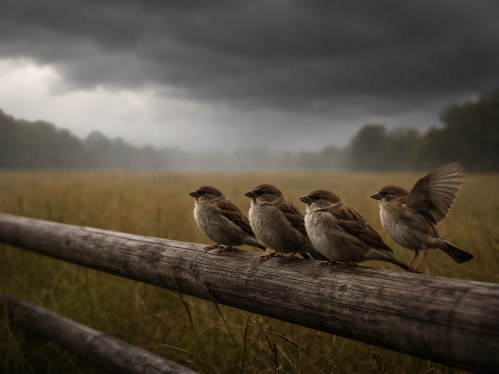 A small flock of birds perched in low cover as storm clouds gather and the light turns overcast.