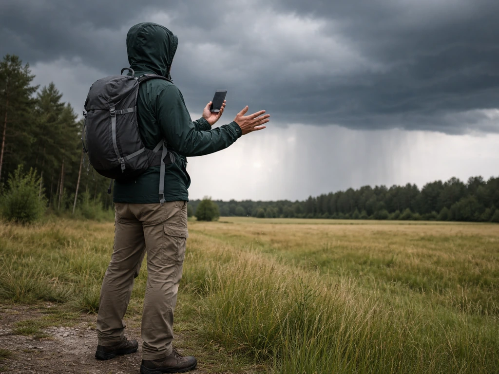 Hiker in a rain jacket using smartphone timing near a treeline under a stormy sky.