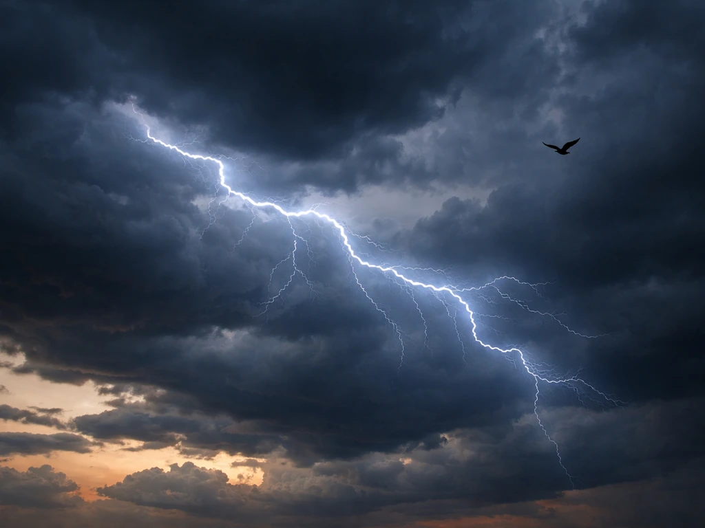 Lightning arcs between two airborne points in a stormy sky with a small bird silhouette midair.