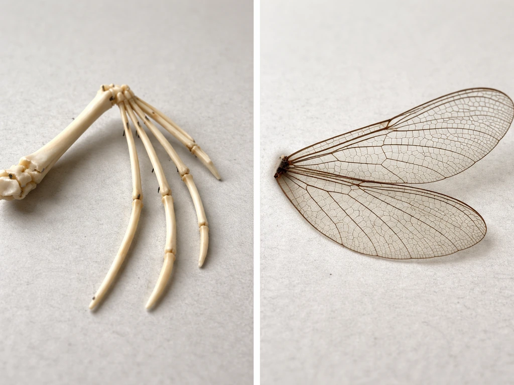 Photo-style macro comparison of a bird wing bone cross-section model and an insect wing membrane structure.