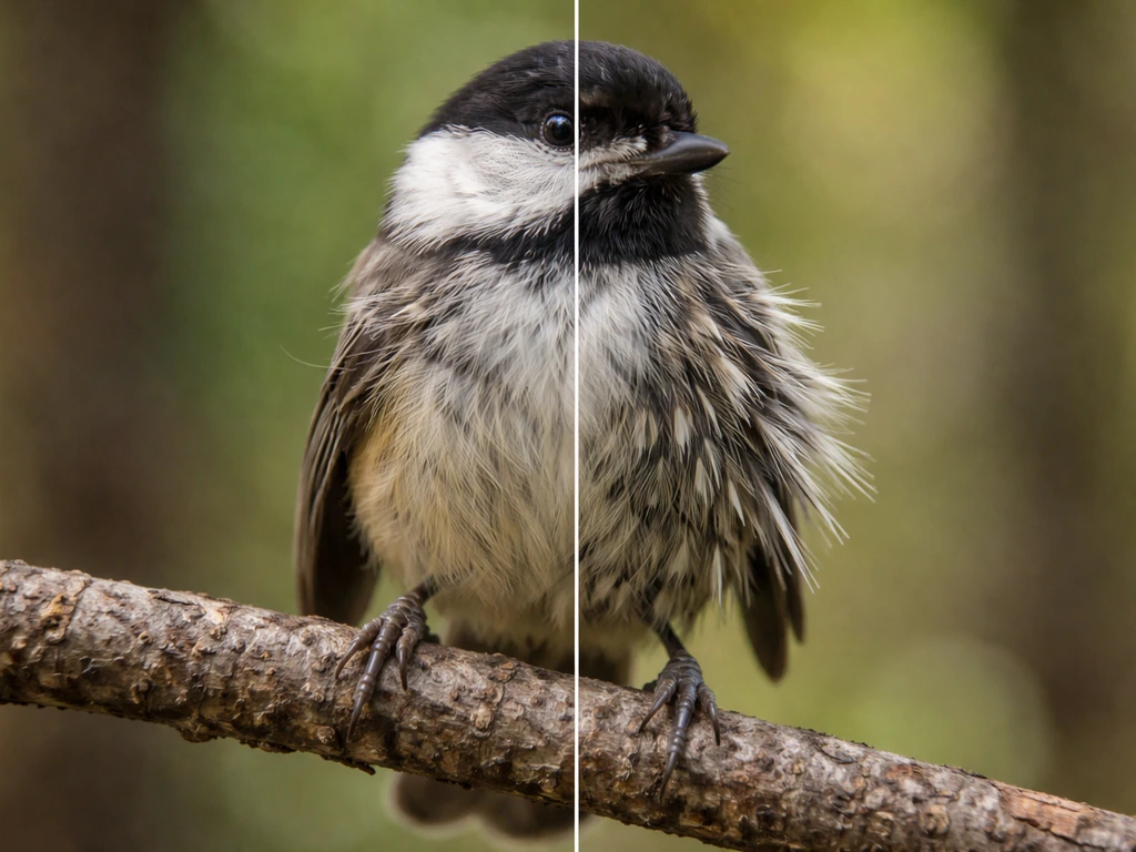 Close-up of a small songbird on a branch showing transitioning feathers with visible pin-feather growth.