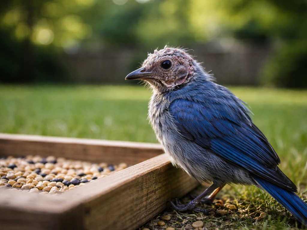Backyard bird feeder scene with a blue-feathered bird showing feather loss on the head while feeding.