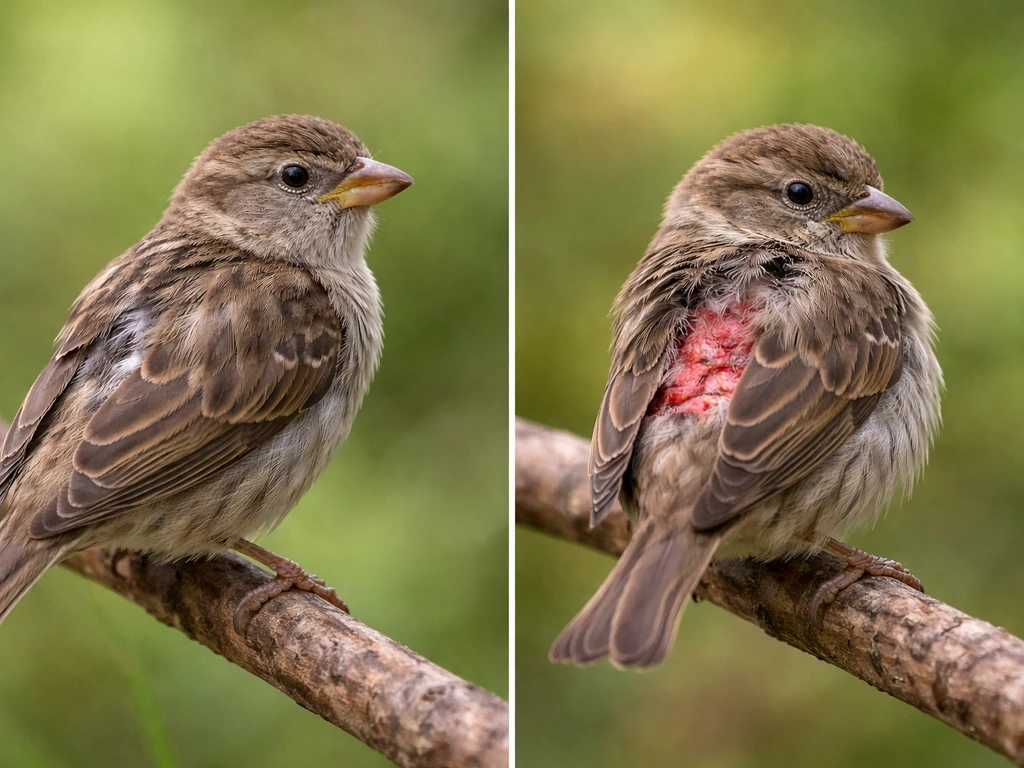 Two birds side by side: one molting with smooth skin, the other injured with red inflamed skin.