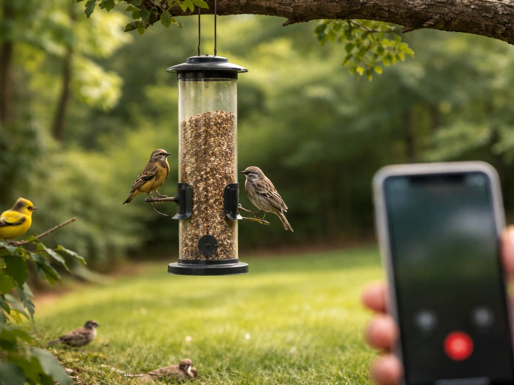 Scruffy molting songbird feeding at a stocked yard feeder, watched from a safe distance, phone ready to call.