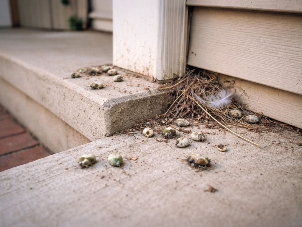 Close-up of a porch ledge with bird droppings and nesting debris needing abatement