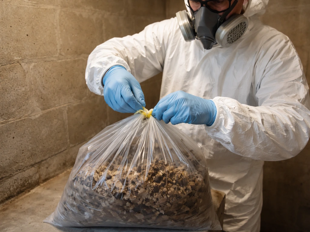 Worker in PPE bagging contaminated droppings for safe cleanup in a dim utility space