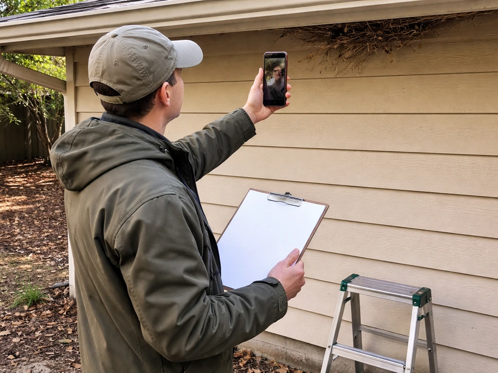 Anonymous inspector photographing a suspected bird roosting spot near backyard eaves with clipboard in hand.