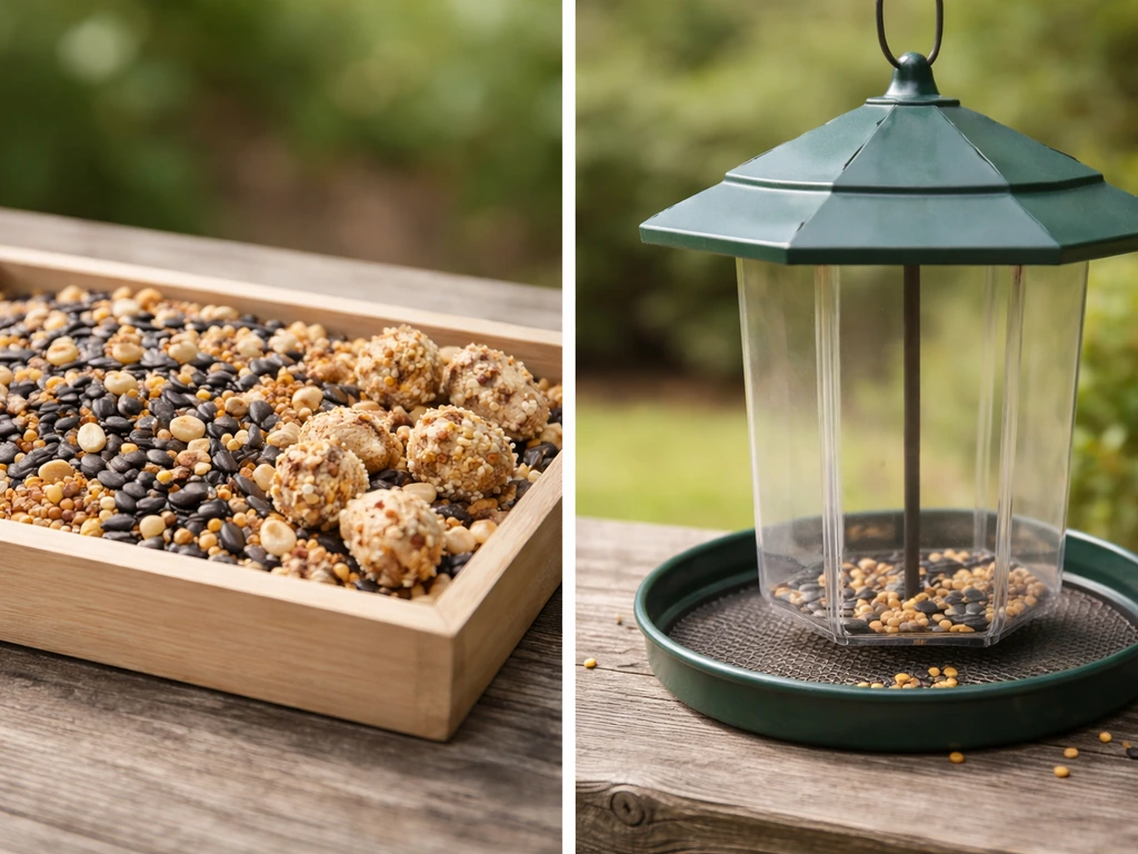 Close-up of bird seed mix and a simple empty bird feeder tray side by side to show food vs feeder.