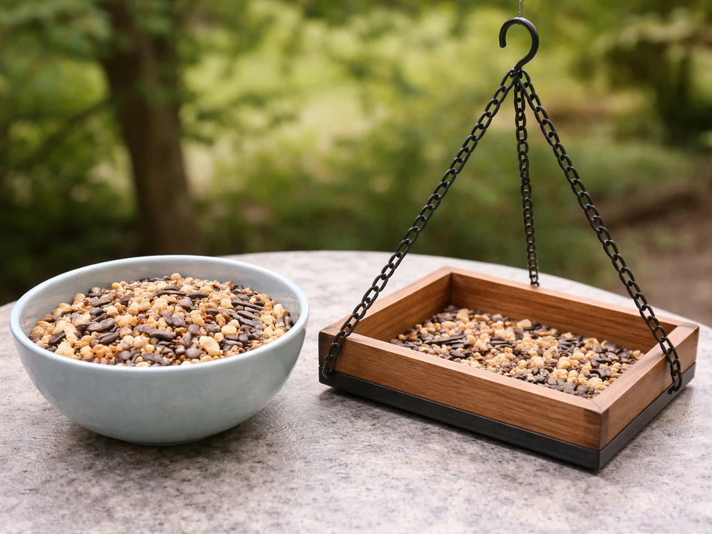 A bowl of bird feed seeds beside a simple hanging bird feeder tray in a backyard