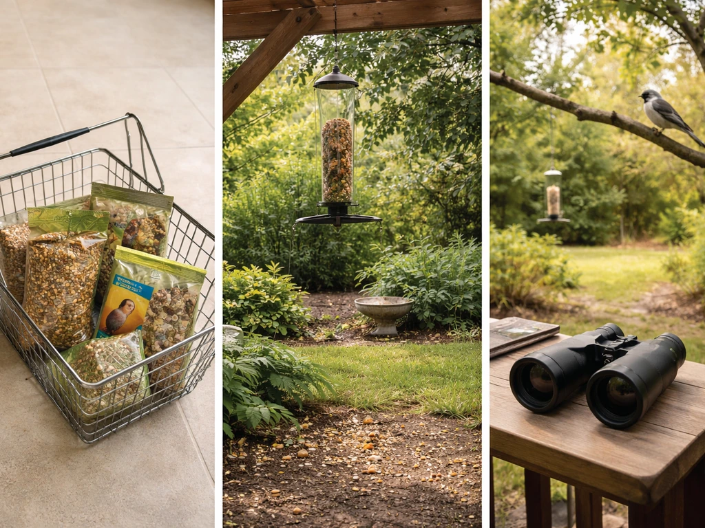 Three simple scenes: shopping basket with seed products, hanging feeder in a garden, and binoculars viewing a small bird