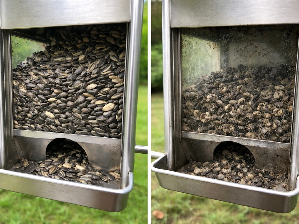 Split view of a bird feeder: fresh clean seeds on one side, dirty moldy seeds and grime on the other.