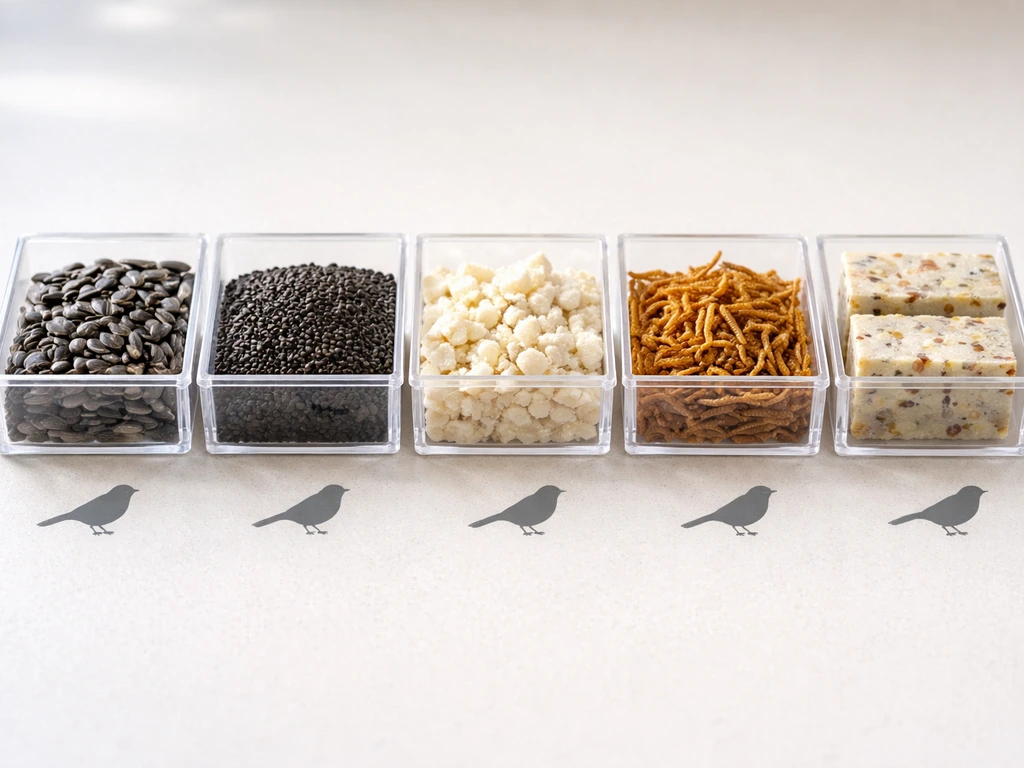 Minimal tabletop photo of bird feeder feed samples arranged in simple compartments with bird silhouettes