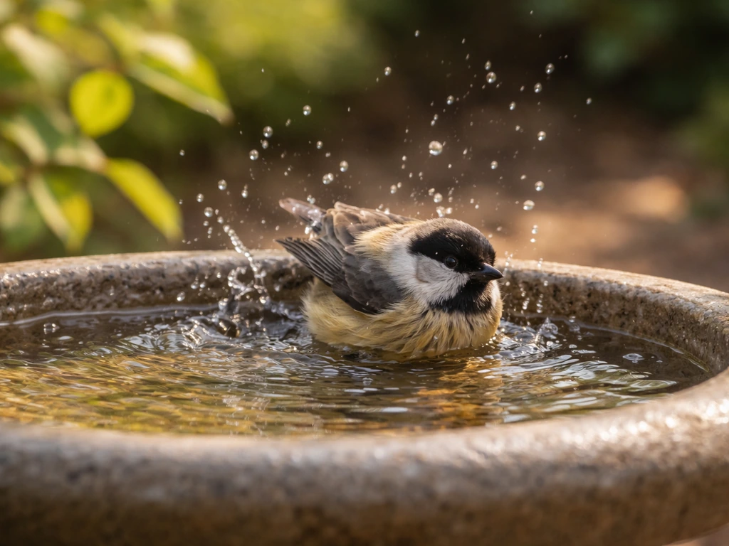 Small bird splashing in a shallow backyard birdbath with visible droplets and water line.