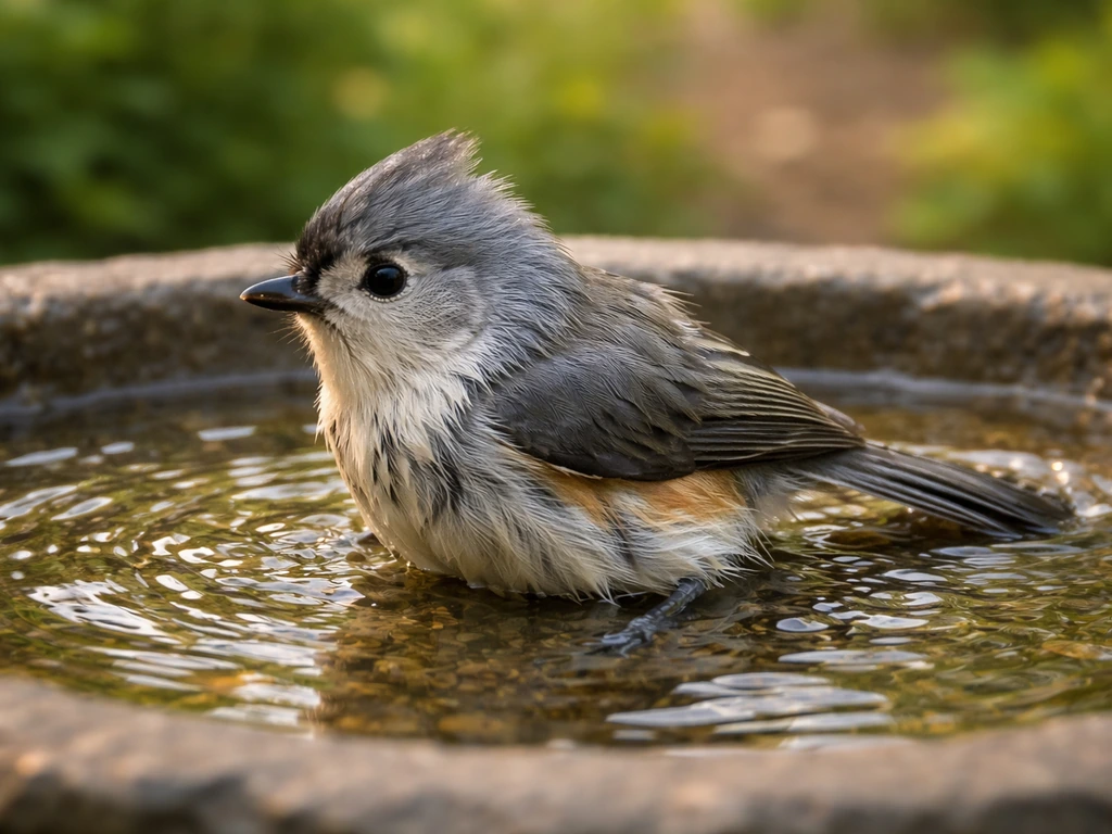 Small backyard bird wetting its feathers in a shallow clear birdbath puddle