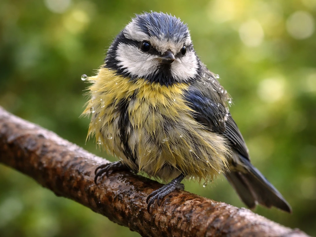 Close-up of a bird with damp, freshly fluffed feathers and water droplets after bathing on a branch.