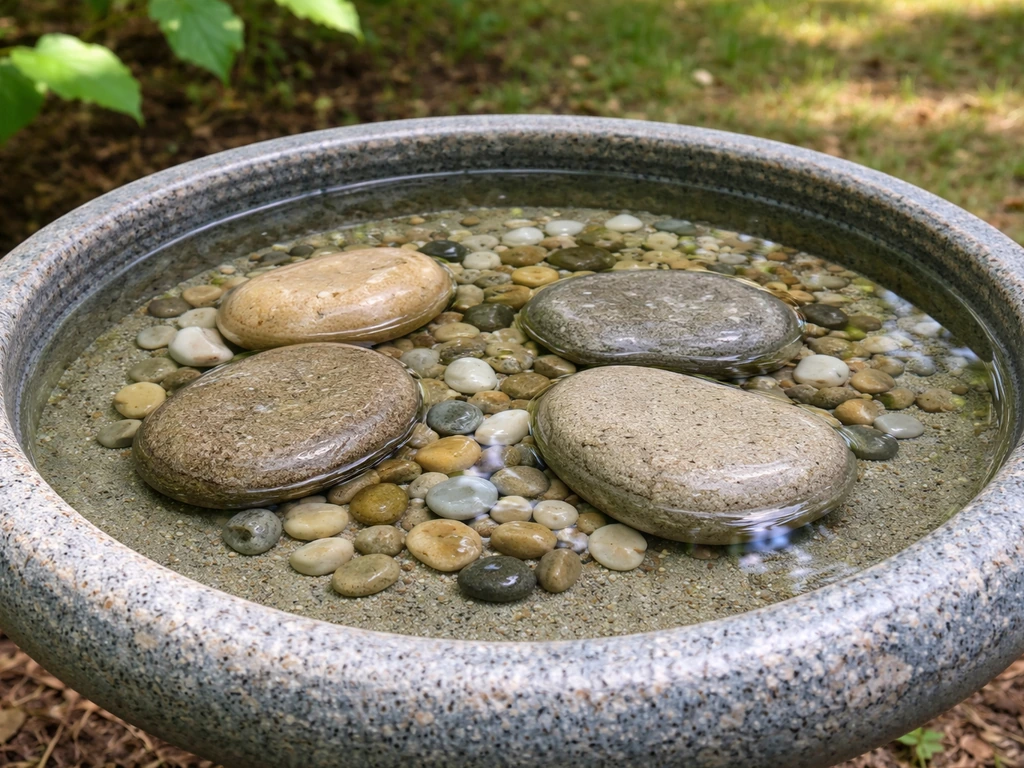 Shallow birdbath basin with flat rocks and a few centimeters of water for safe wading and perching.