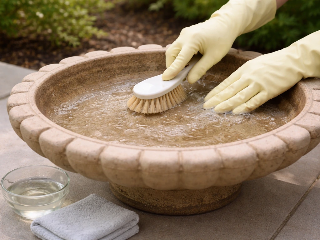 Gloved hands scrubbing a ceramic birdbath with a dedicated brush using vinegar-water solution.