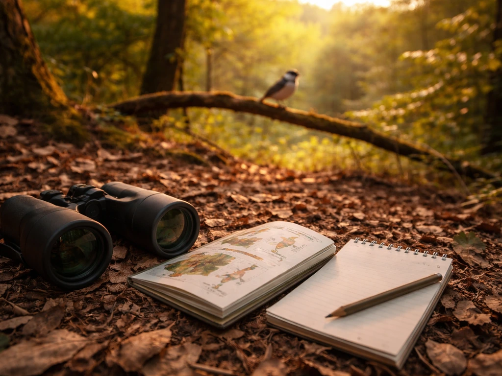 Birdwatcher gear on a forest floor beside a clearly visible bird in the background.