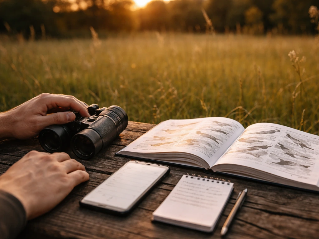 Birdwatching setup: binoculars, a field guide, and a smartphone with a checklist beside a notepad.