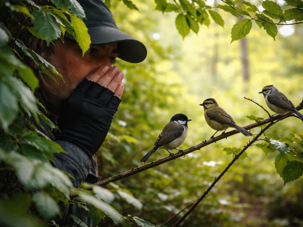 Anonymous birder hidden in a thicket, making a soft pishing call as small songbirds perch nearby.