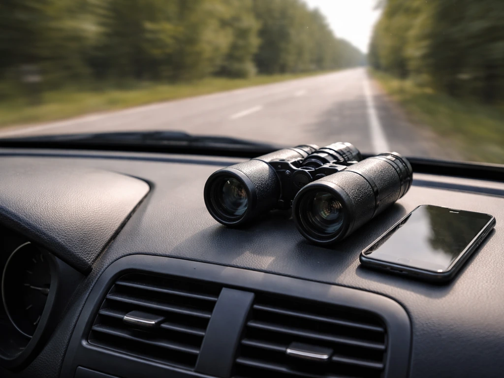 Binoculars on a car dashboard with a blurred roadside map feel, suggesting a quick twitch bird trip.