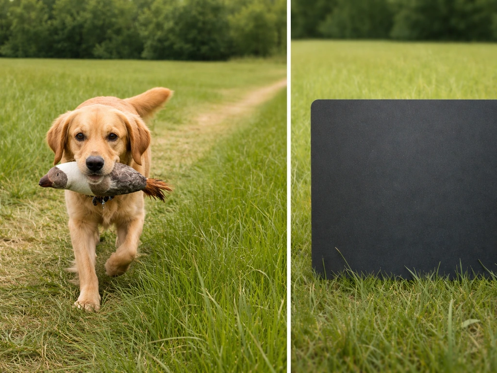 A retriever in a grassy field retrieves a small training bird, with a blank caption card beside it.