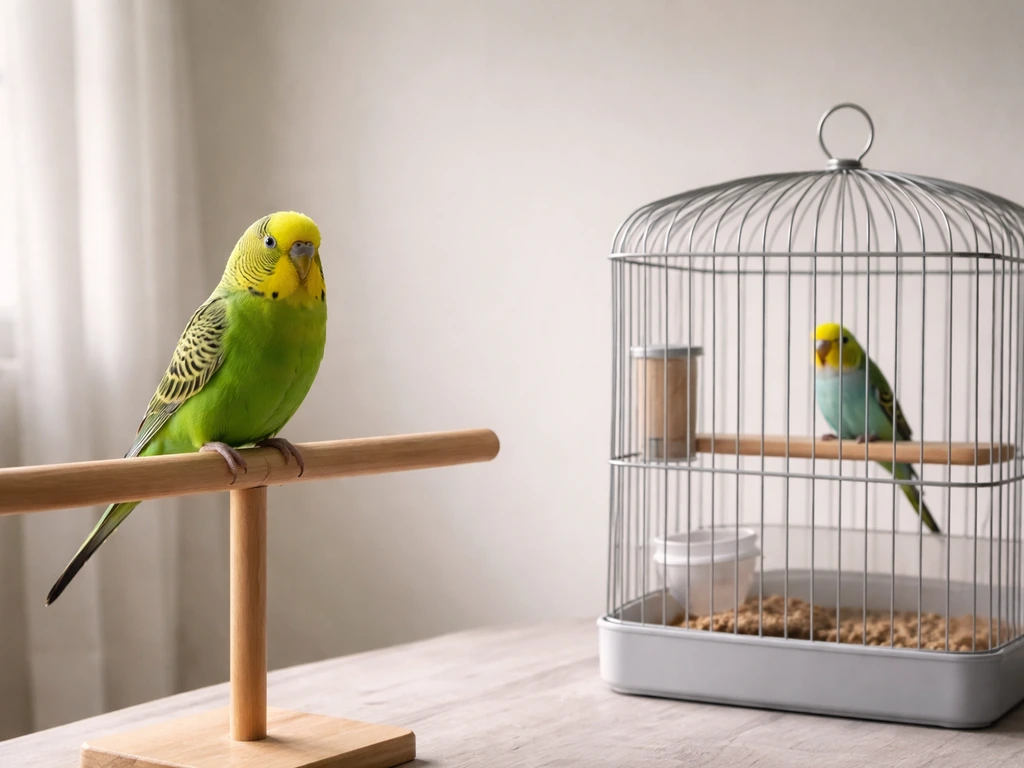 A live budgie perched beside a small wire cage with another bird in a minimal studio setting.
