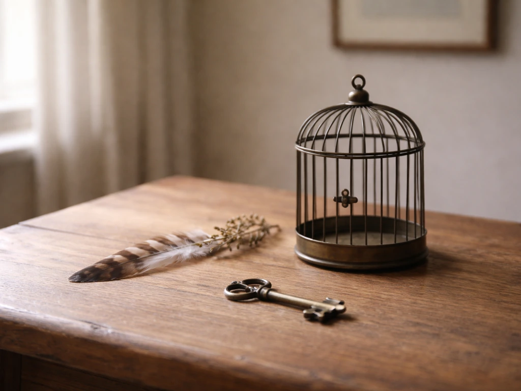 A closed birdcage on a wooden table with a feather and dried herbs, symbolic and minimal.