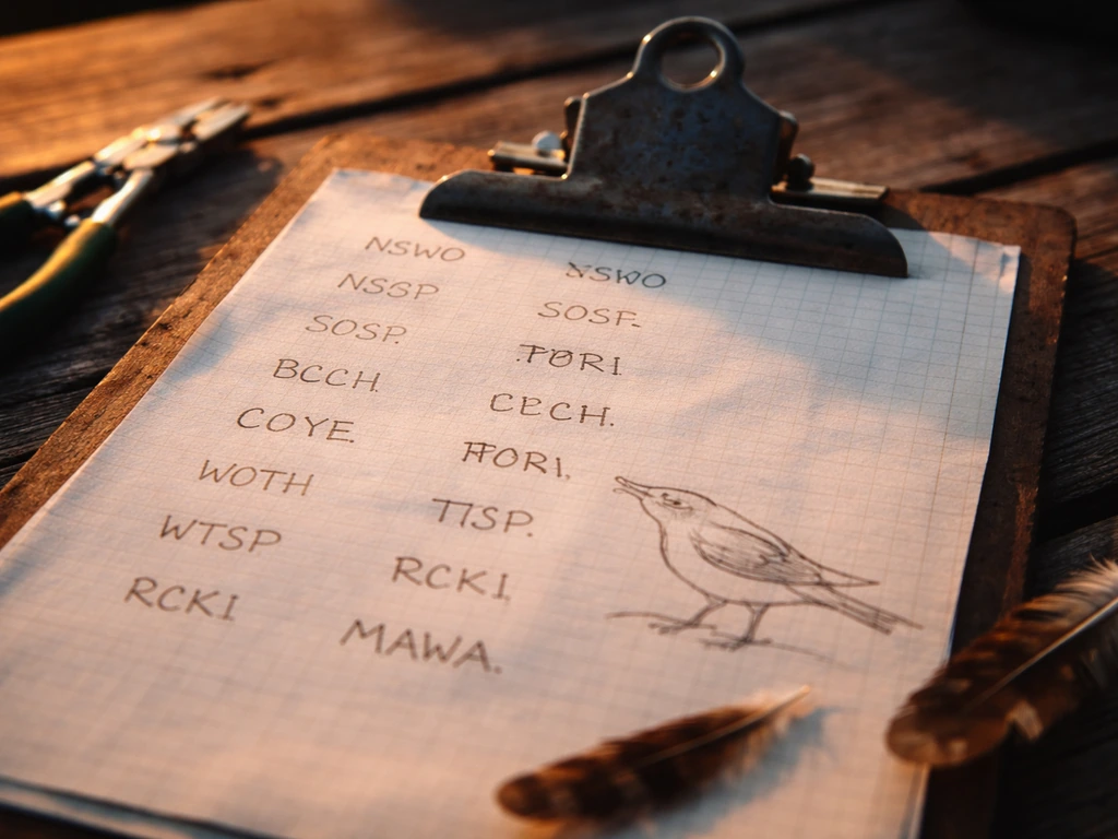 Close-up of bird banding field notes with four-letter codes and a small schematic for decoding bird codes.